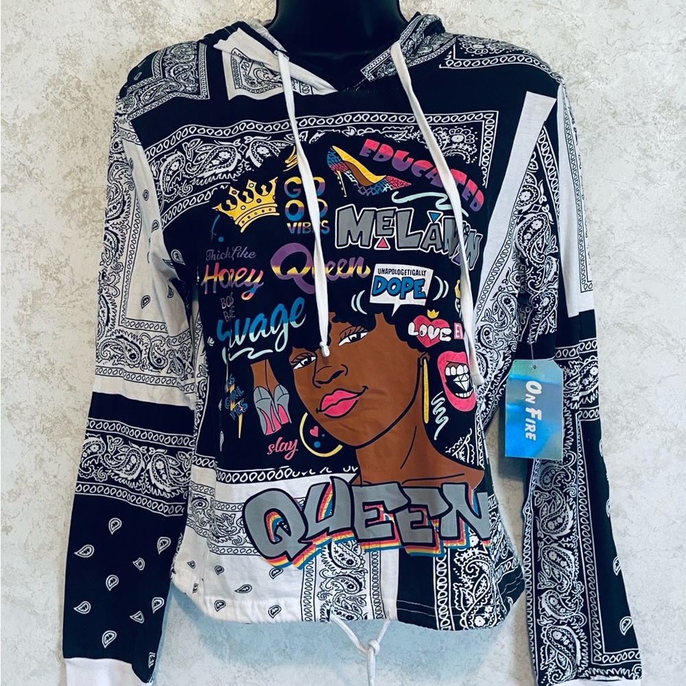 On Fire Ladies Junior Size Medium Pullover Hoodie Black Queen Melanin Graphic